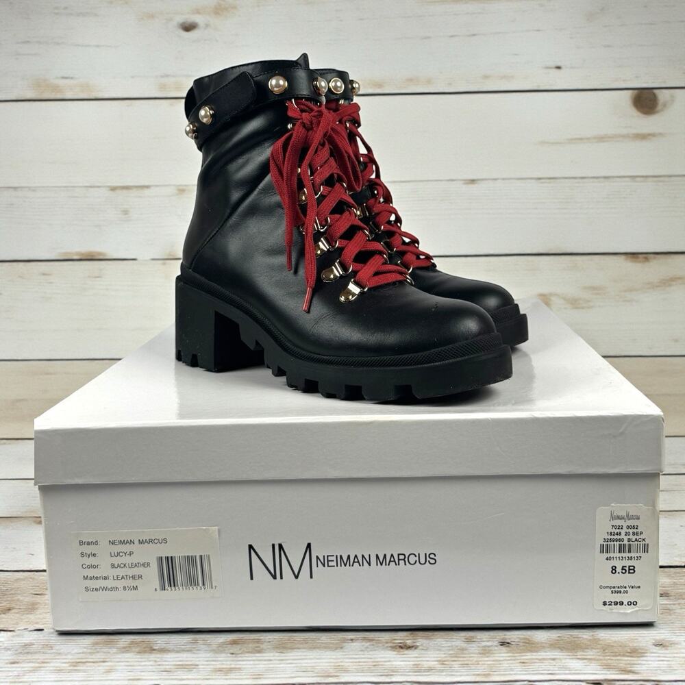 Neiman Marcus Lucy-P Black Leather Lace-Up Ankle Boots Women’s 8.5 NIB READ